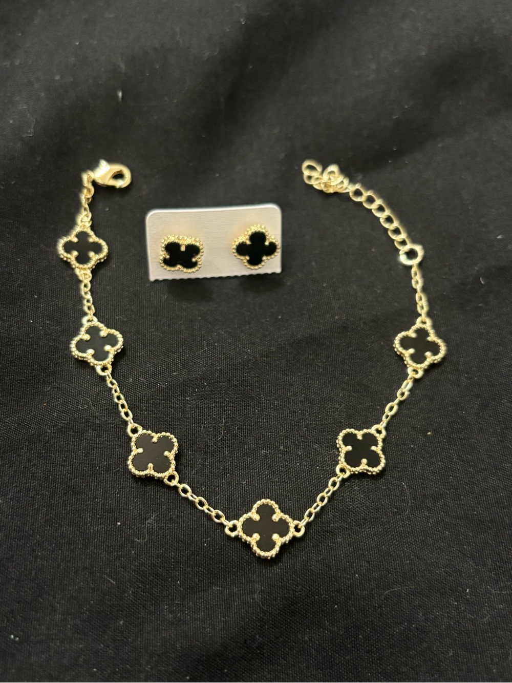 Gold-Tone Clover Motif Bracelet with Matching Black Clover Studs